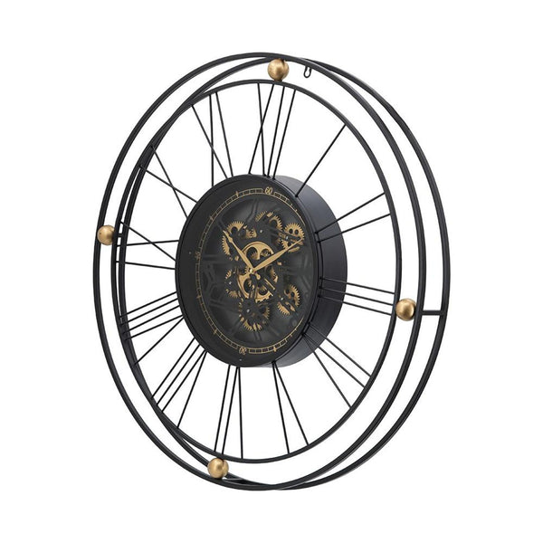Homeroots 32" Circle Black And Gold Metal And Glass Analog Exposed Gear Wall Clock  Iron 485988