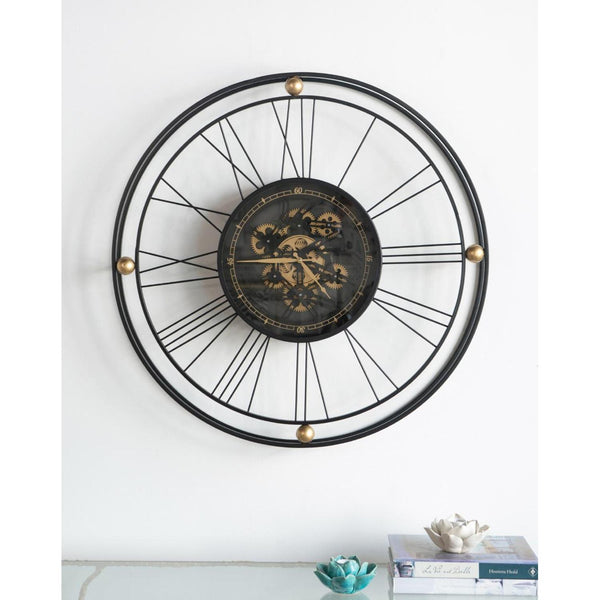 Homeroots 32" Circle Black And Gold Metal And Glass Analog Exposed Gear Wall Clock  Iron 485988