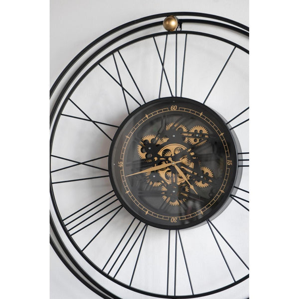 Homeroots 32" Circle Black And Gold Metal And Glass Analog Exposed Gear Wall Clock  Iron 485988