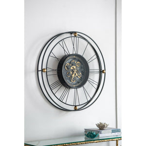 Homeroots 32" Circle Black And Gold Metal And Glass Analog Exposed Gear Wall Clock  Iron 485988