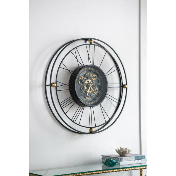 Homeroots 32" Circle Black And Gold Metal And Glass Analog Exposed Gear Wall Clock  Iron 485988
