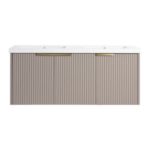 English Elm 48" Modern Wall-Mounted Bathroom Vanity With Double Sink, Soft-Close Doors & Stylish Wavy Panels W999S00353