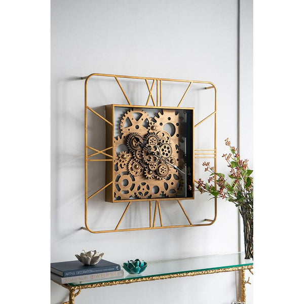 Homeroots 32" Square Gold Metal And Glass Analog Exposed Gear Wall Clock  Iron 485991