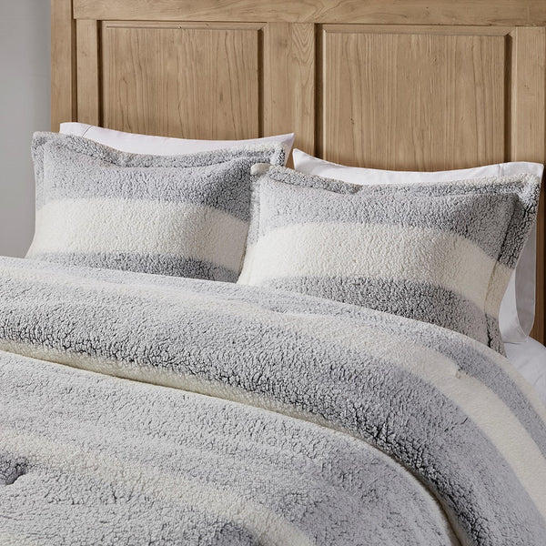 English Elm Full/Queen Sherpa Comforter Set - Farmhouse Striped Reversible Mink, Oeko-Tex Soft, Machine Washable, Rustic Chic B035129372