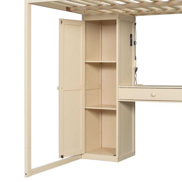 English Elm Full Size Loft Bed with Wardrobe Dressing Mirror Usb Ports and Teen Room Storage LT000276AAA