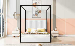 English Elm Queen Velvet Upholstered Canopy Bed White Metal 4 Poster Frame No Box Spring GX001031AAB