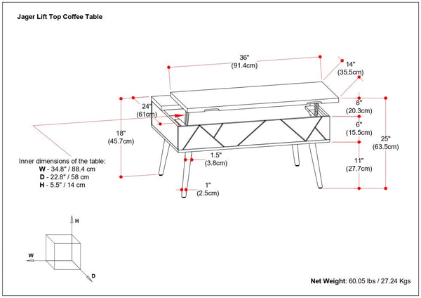 English Elm Jager Mango Wood Lift-Top Coffee Table with Hidden Storage, Gold Brass Inlays & Angled Iron Legs B136P203435