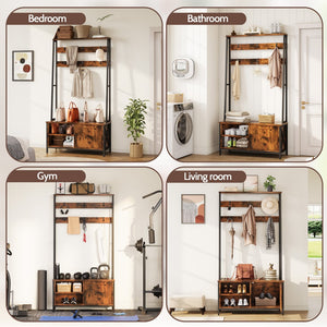 English Elm Hall Tree Entryway Organizer with Flip Shoe Cabinet Cushioned Bench and Industrial Wood Frame Brown+Black T5618P448215
