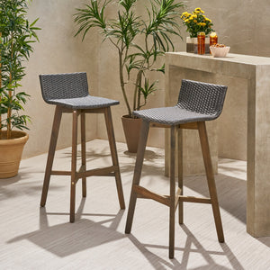English Elm Christopher Knight Home® - LA La Brea Acacia Wood & Wicker Barstool Set of 2 — Outdoor Faux Rattan Seats with Iron X-Stretcher Frame Grey 65431.00GRY