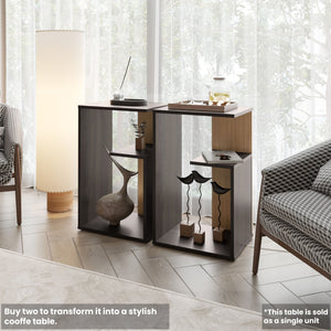 English Elm FM Vega Side Table Melamine Espresso & Natural Oak – Compact 3-Room Nightstand with Open Shelves, Sturdy Storage, 24.9"H B128P293871