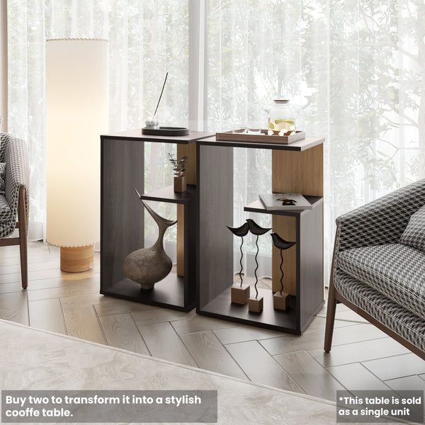 English Elm FM Vega Side Table Melamine Espresso & Natural Oak – Compact 3-Room Nightstand with Open Shelves, Sturdy Storage, 24.9"H B128P293871