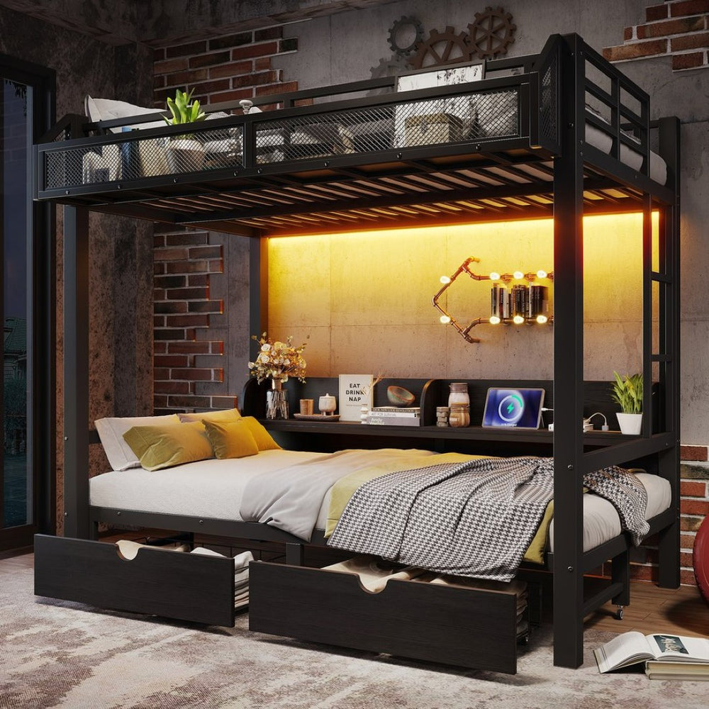 English Elm Twin Over Metal Bunk Bed with Led Lights Usb Ports Drawers and Sofa Conversion W5305S00002