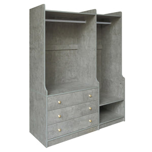 English Elm Open Open Wooden Wardrobe with 2 Rods, 5 Shelves & 3 Drawers — Modern Gray White Storage Solution N820S00021E