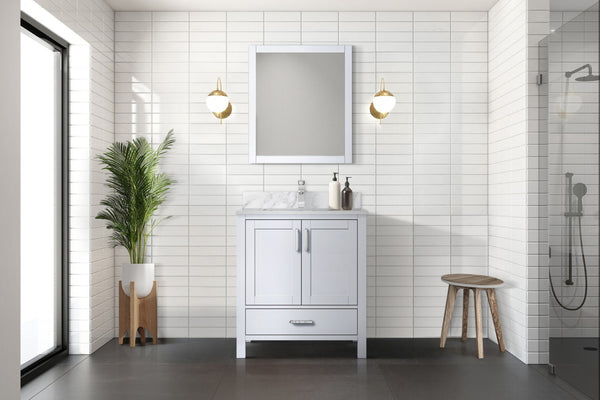 English Elm White Bath Vanity Set With Carrara Marble Top, Chrome Faucet & 28" Mirror - Elegant Bathroom Upgrade B2731S01248-GIGA