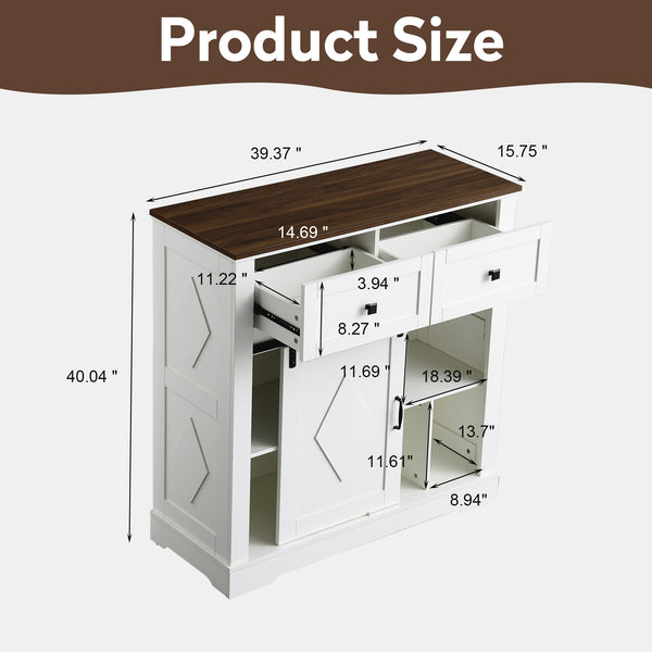 English Elm 39" Sliding Barn Door Buffet Sideboard with Walnut Top, 2 Drawers, 5 Compartments, Anti-Tip Safety and Durable MDF Finish W2948P245259