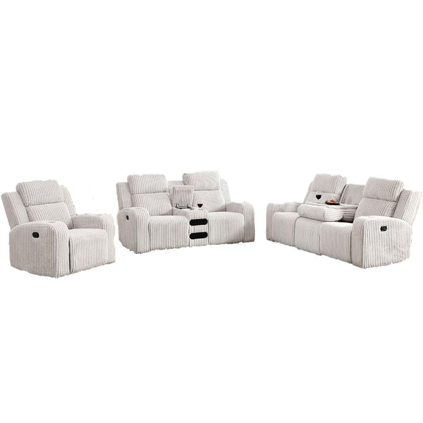 English Elm Recliner Sofa Set with Corduroy Upholstery Bluetooth Speaker Usb Wireless Charging Living Room Grey W3900S00003