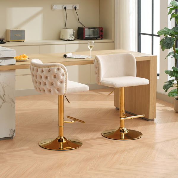 English Elm A&A Velvet Tufted Swivel Barstool with Ergonomic Back and Gold-Plated 17.7" Base, Set of 2 Beige W1143P204045