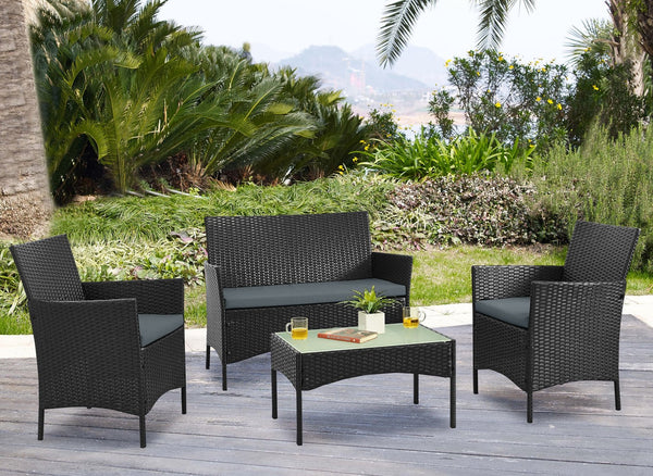 English Elm Imperia 3-Piece Conversation Set with Removable Washable Cushions, Tempered Glass End Table, Weatherproof Rattan Frame Black+Grey B365P398242