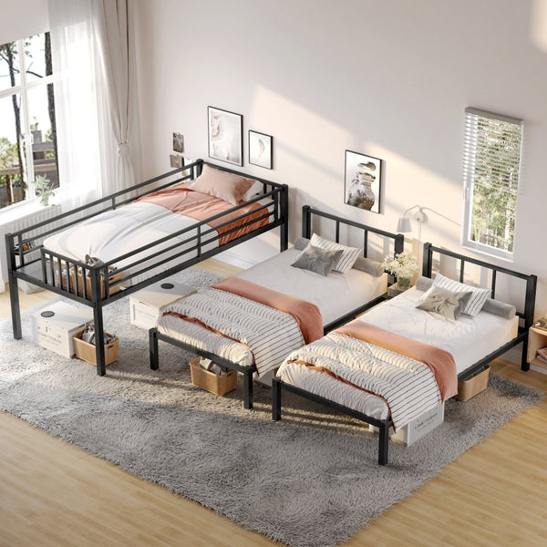 English Elm Twin Triple Bunk Bed Metal L-shaped Frame Sleeps Three Kids White Finish W1580S00479