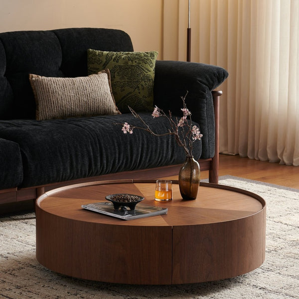 English Elm 35.4-inch Round Walnut Mosaic Coffee Table with Sculptural Iron Base for Living Rooms W5098P416512