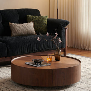 English Elm 39.3-inch Round Walnut Mosaic Inlay Coffee Table with Iron Base for Living Rooms W5098P417448