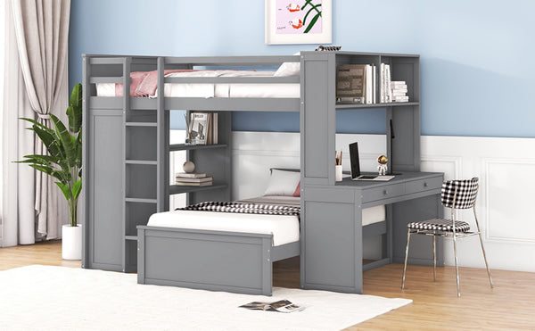 English Elm Full Twin Loft Bed with Desk Wardrobe Shelves Pine Wood Frame Kids Bedroom Gray LT000821AAE-1