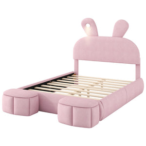 English Elm Full Pink Velvet Platform Bed Cartoon Ear Headboard Led Light Storage Stools N709P195300H-1