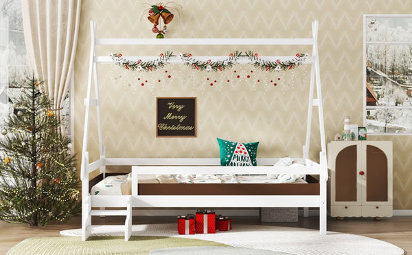 English Elm Twin House Shaped Platform Bed Solid Pine Frame with Built in Stairs for Kids W1580P354718