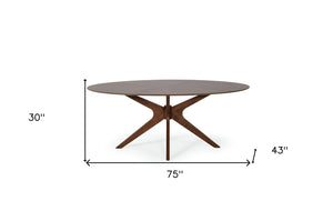 Homeroots 75" Brown Oval Solid Manufactured Wood Pedestal Base Dining Table   486013