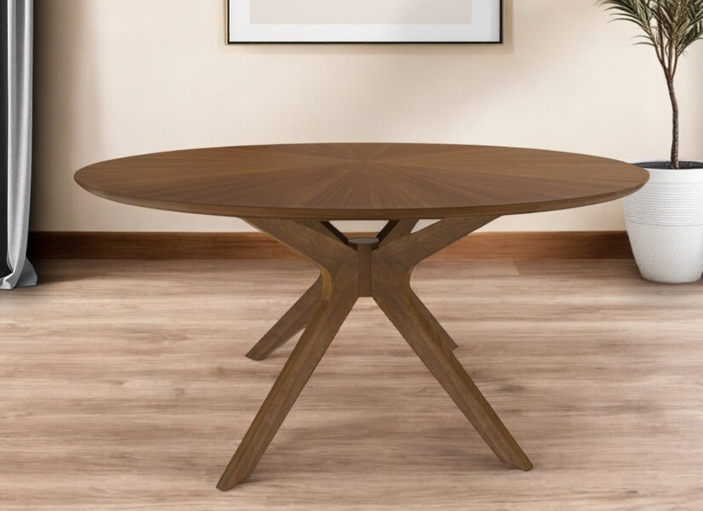 HomeRoots 59" Elegant Brown Rounded Pedestal Dining Table with Sunburst Veneer Top - Seats 6 Comfortably! 486014