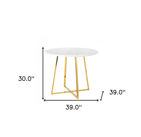 Homeroots 39" White And Gold Rounded Iron Pedestal Base Dining Table   486023