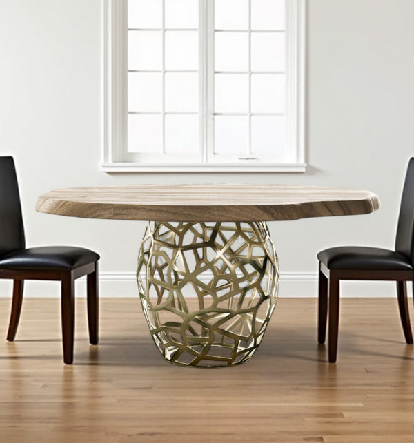 Homeroots 63" Brown And Brass Rounded Solid Wood And Iron Pedestal Base Dining Table   486024