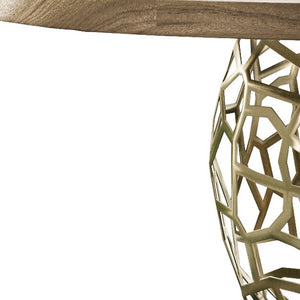 Homeroots 63" Brown And Brass Rounded Solid Wood And Iron Pedestal Base Dining Table   486024