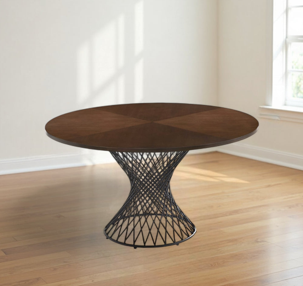 Homeroots 54" Brown And Black Rounded Solid Manufactured Wood And Iron Pedestal Base Dining Table   486026