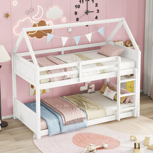 English Elm Twin Over Twin House Bunk Bed With Guardrails, Ladder & Cozy Floor Bed - White Rubberwood Design W504P227938-GIGA