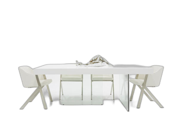 Homeroots 79" White And Clear Rectangular Manufactured Wood And Glass Dining Table   486030