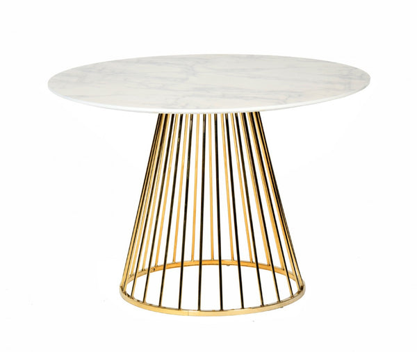 Homeroots 43" White And Gold Rounded Stainless Steel Pedestal Base Dining Table   486031