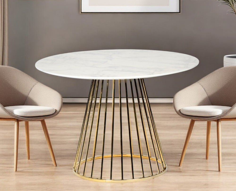 HomeRoots 43" Chic White & Gold Pedestal Dining Table - Modern Centerpiece for Stylish Gatherings & Meals 486031