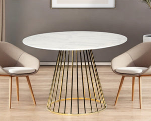 HomeRoots 43" Chic White & Gold Pedestal Dining Table - Modern Centerpiece for Stylish Gatherings & Meals 486031