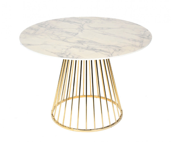 Homeroots 43" White And Gold Rounded Stainless Steel Pedestal Base Dining Table   486031