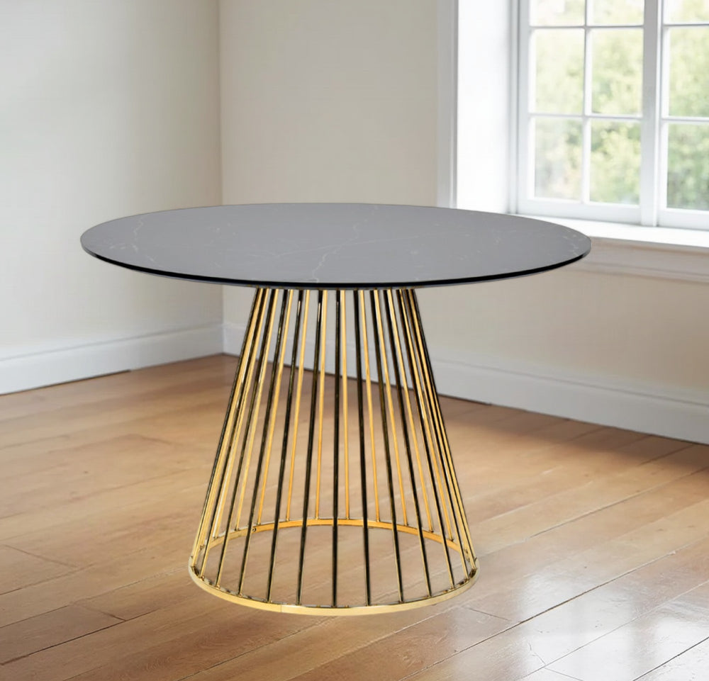 Homeroots 43" Black And Gold Rounded Stainless Steel Pedestal Base Dining Table   486032