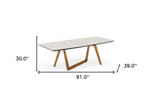 Homeroots 91" White And Brown Stone Trestle Base Dining Table   486041
