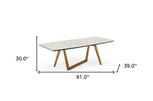 Homeroots 91" White And Brown Stone Trestle Base Dining Table   486041