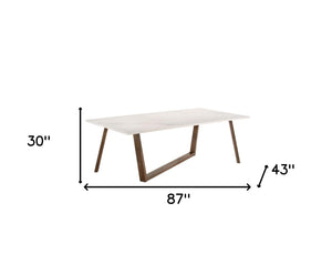 Homeroots 87" White And Walnut Rectangular Manufactured Wood And Solid Manufactured Wood Dining Table   486044