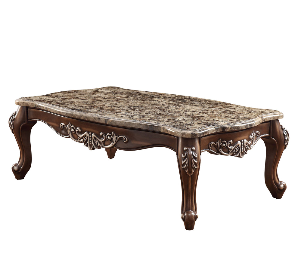 Homeroots 57" Brown And Oak Faux Marble And Solid And Manufactured Wood Coffee Table   486049