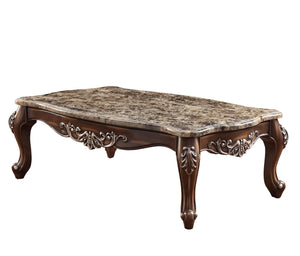 Homeroots 57" Brown And Oak Faux Marble And Solid And Manufactured Wood Coffee Table   486049