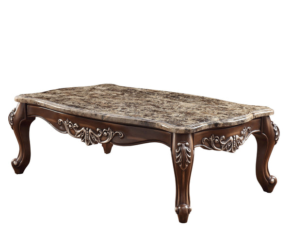 Homeroots 57" Brown And Oak Faux Marble And Solid And Manufactured Wood Coffee Table   486049
