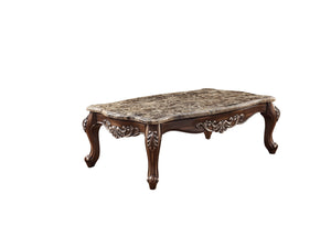 Homeroots 57" Brown And Oak Faux Marble And Solid And Manufactured Wood Coffee Table   486049
