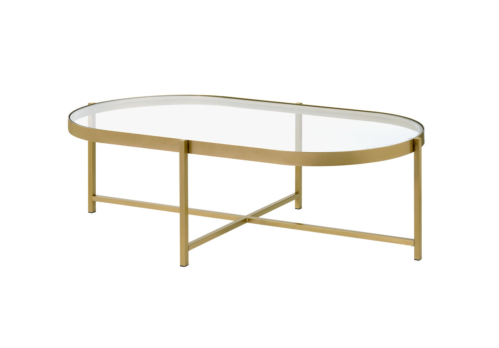 Homeroots 54" Gold And Clear Glass Oval Coffee Table   486051