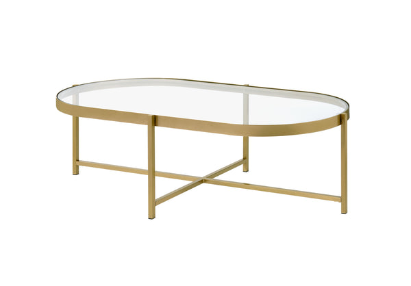 Homeroots 54" Gold And Clear Glass Oval Coffee Table   486051